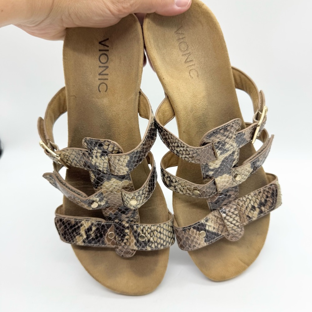 Vionic Radia Orthotic Adjustable Triple Strap Comfort Slide Wedges Snake Size 7 - Picture 13 of 13